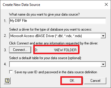 Image showing the Create New Data Source dialog box with the DBF file path and the OK button highlighted.