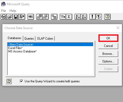Image displaying the Choose Data Source dialog box with New Data Source highlighted.