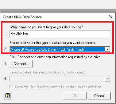 Image displaying the Create New Data Source dialog box with "My DBF File" 