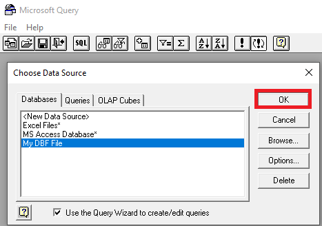 Image showing "My DBF file" highlighted in the "Databases tab of the "Choose Data Source" dialog box.
