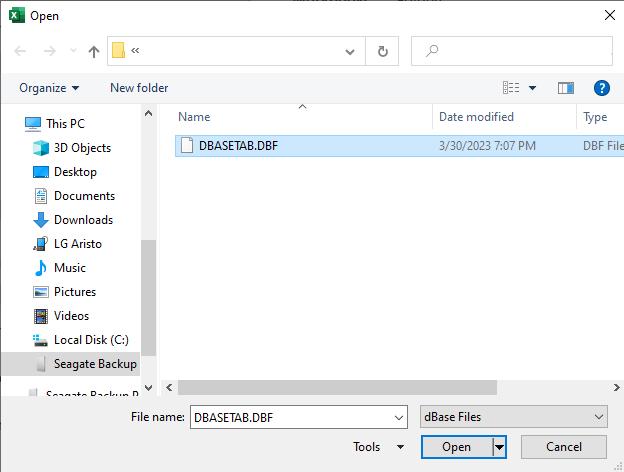 Image showing the DBF file in the "Open" file dialog box.