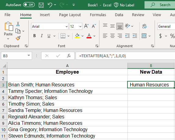 Image displaying Human Resources in cell B3 of the new column after using the TEXTAFTER Function.