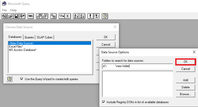 Image showing the OK button highlighted in the Data Source Options dialog box.