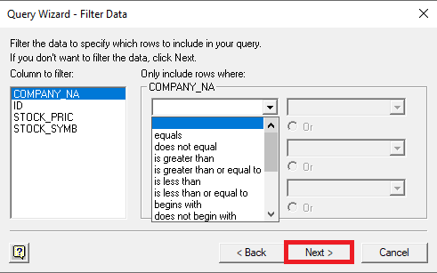 Image displaying the "Query Wizard - Filter Data" dialog box with the "Next" button highlighted.