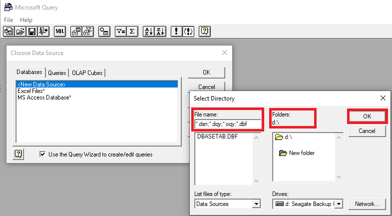Image showing the .dbf file extension added to the File Name: text box and the folder selected in the Drives: text box of the Select Directory dialog box.