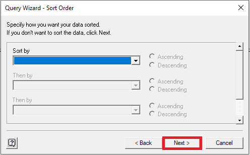 Image displaying the "Query Wizard - Sort Order" dialog box with the "Next" button highlighted.