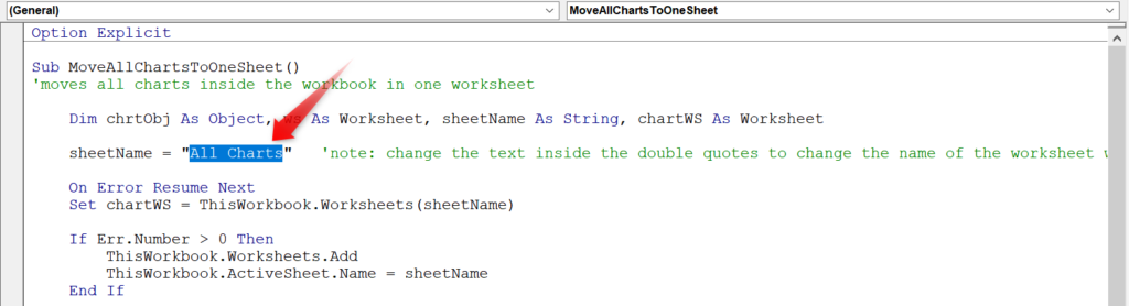 The worksheet name is highlighted in the code. 