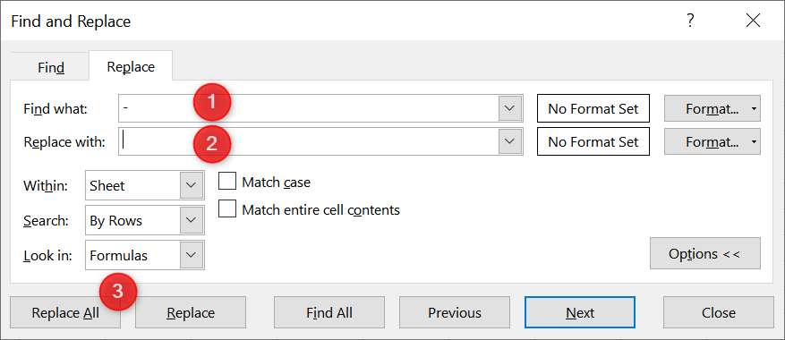 Steps in the Find and Replace menu to replace all dashes in selected cells.
