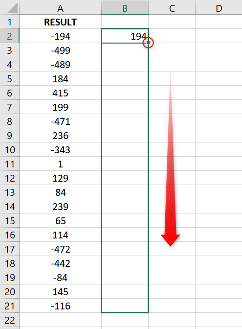 Drag the Fill Handle down (up to the last row in your dataset) to copy the formula to the remaining cells.