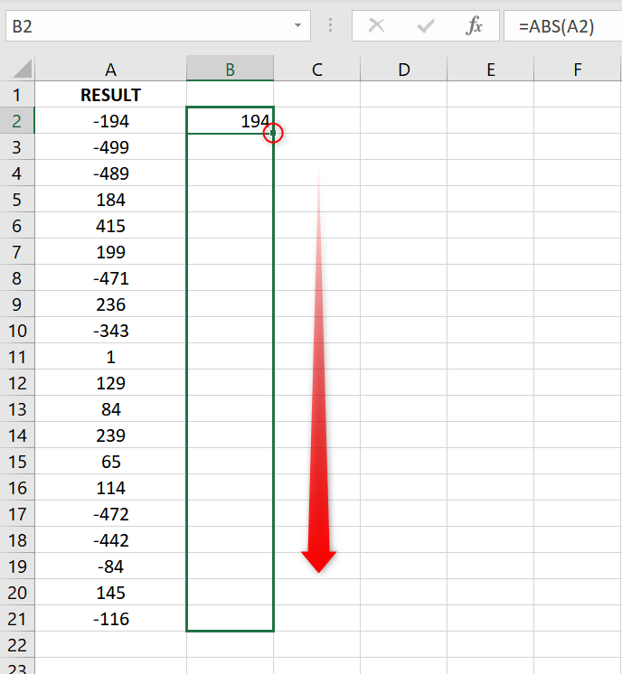 After entering the first formula, drag the Fill Handle down (up to the last row in the dataset). 