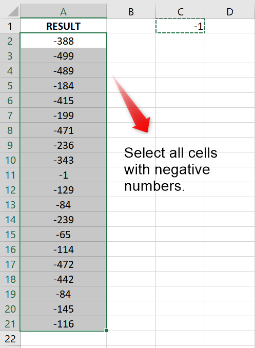 Select all cells with negative numbers.
