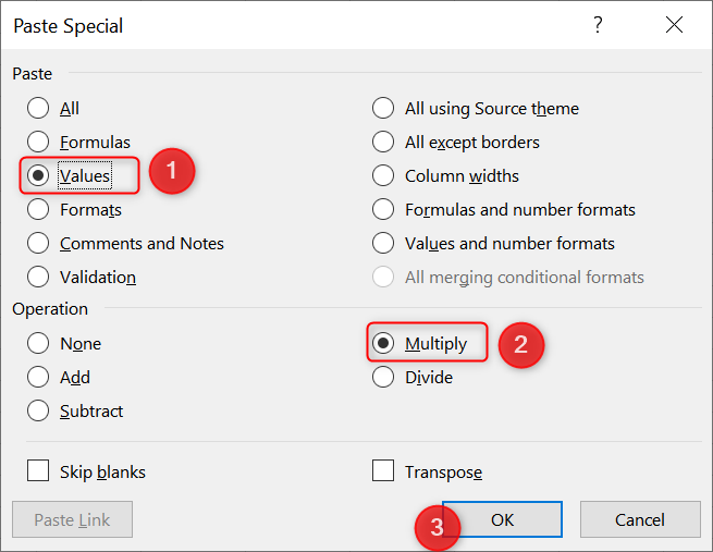 Steps to use the Paste Special menu to multiply the cells to the cell copied.
