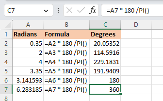 Rad to deg formula applied to multiple cells