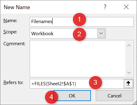 Steps to create a named range with the FILES() function. 