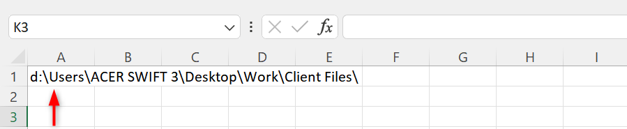 On a blank cell, enter the folder path which you would like to pull the list of files from. 