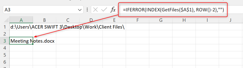 On a blank cell, enter the following formula: =IFERROR(INDEX(GetFiles($A$1), ROW()-2),"")