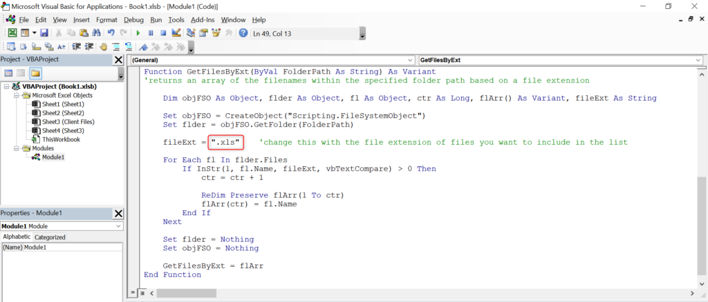 File extension highlighted inside the code. 