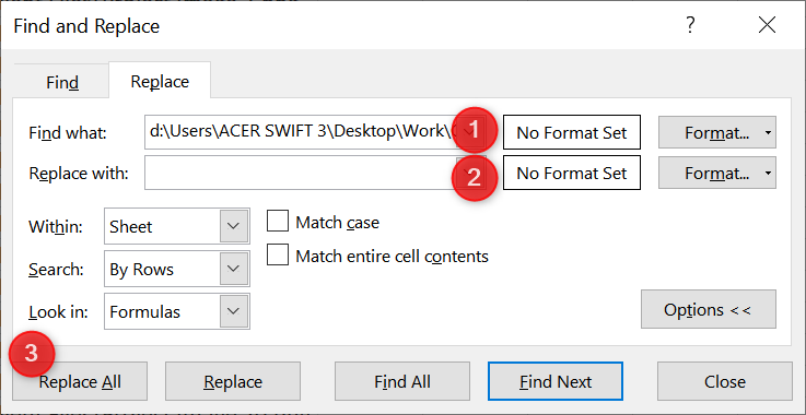 Steps to replace the folder path with blank to remove it from the cells. 
