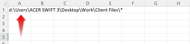 On a blank cell, enter the folder path where you want to pull the list of files from and add an asterisk (*) at the end of it. 