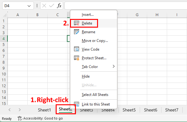 Right click and delete a single sheet