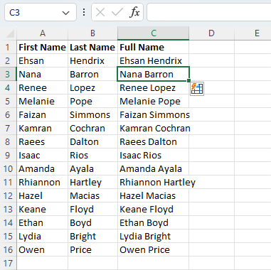 Flash Fill combines all names