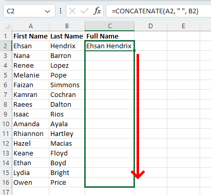 Drag downward to apply concatenate to other cells