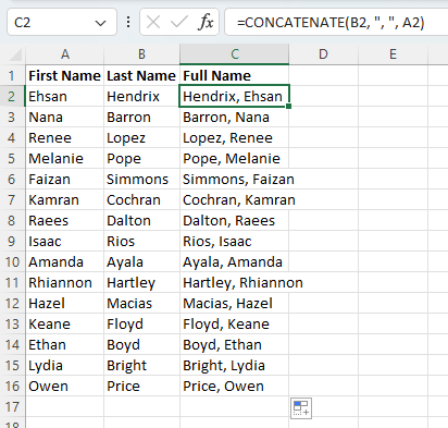 Use CONCATENATE to combine with comma